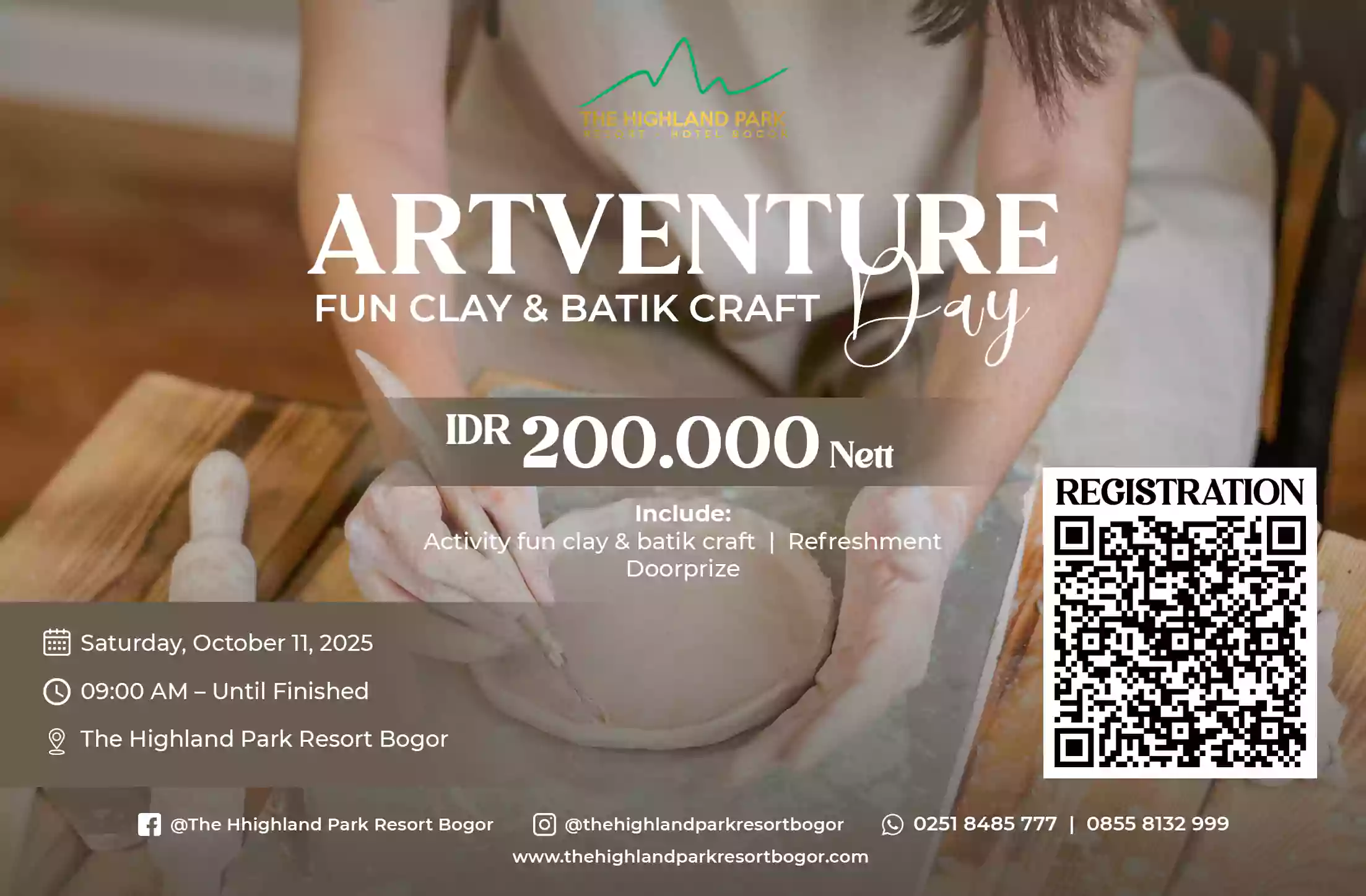 Poster acara Artventure Day di The Highland Park Resort Bogor, workshop Fun Clay & Batik Craft dengan biaya Rp200.000 nett termasuk aktivitas, refreshment, dan doorprize.