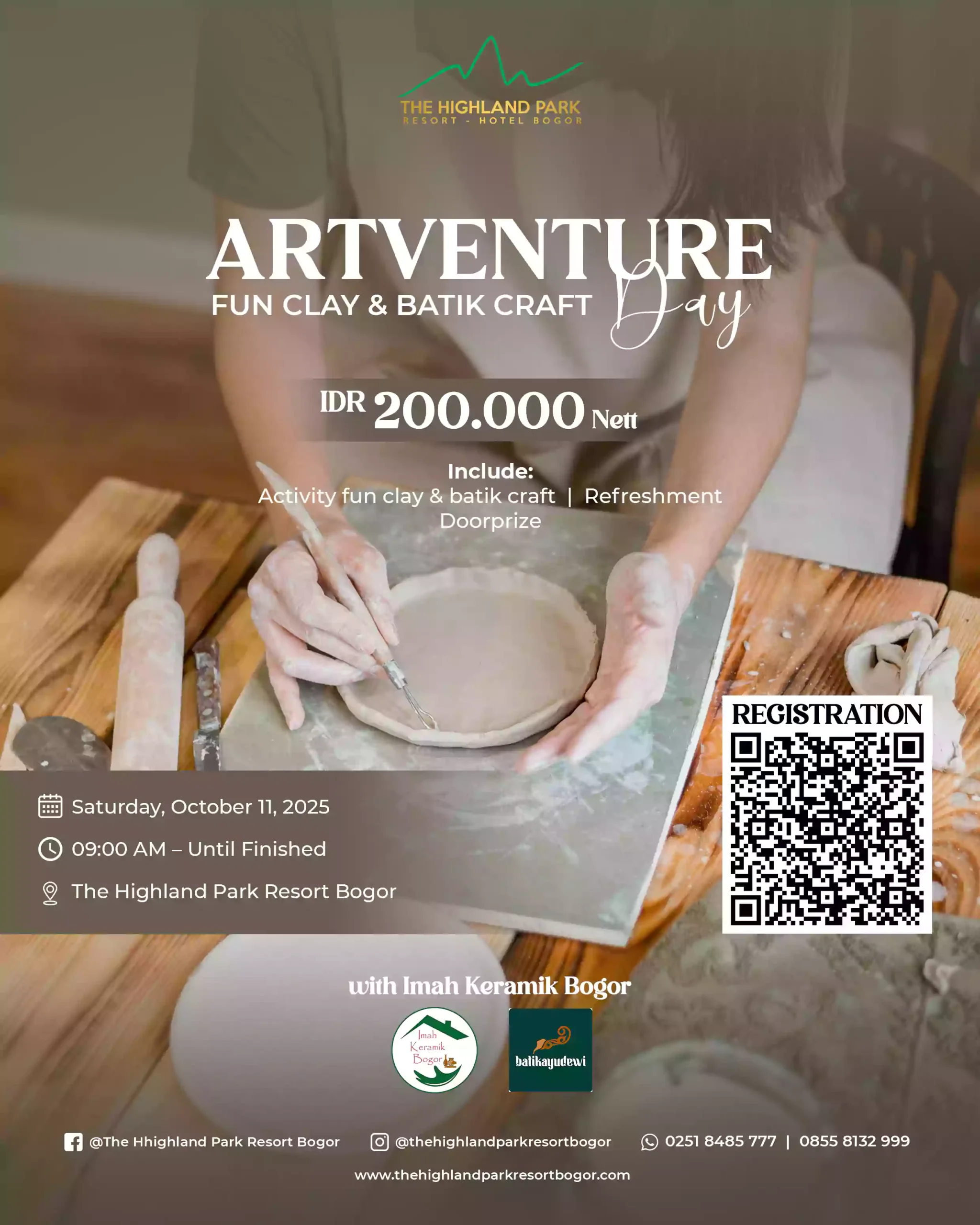 Poster acara Artventure Day di The Highland Park Resort Bogor, workshop Fun Clay & Batik Craft dengan biaya Rp200.000 nett termasuk aktivitas, refreshment, dan doorprize.