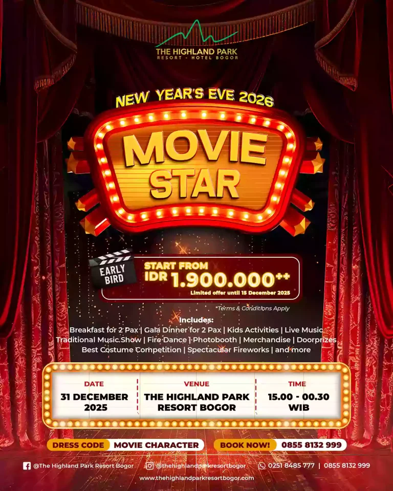 Tahun Baru Poster Early Bird Promo Tahun Baru 2026 bertema Movie Star di The Highland Park Resort Bogor, menampilkan paket gala dinner, live music, kids activity, photobooth, dan pesta kembang api.
