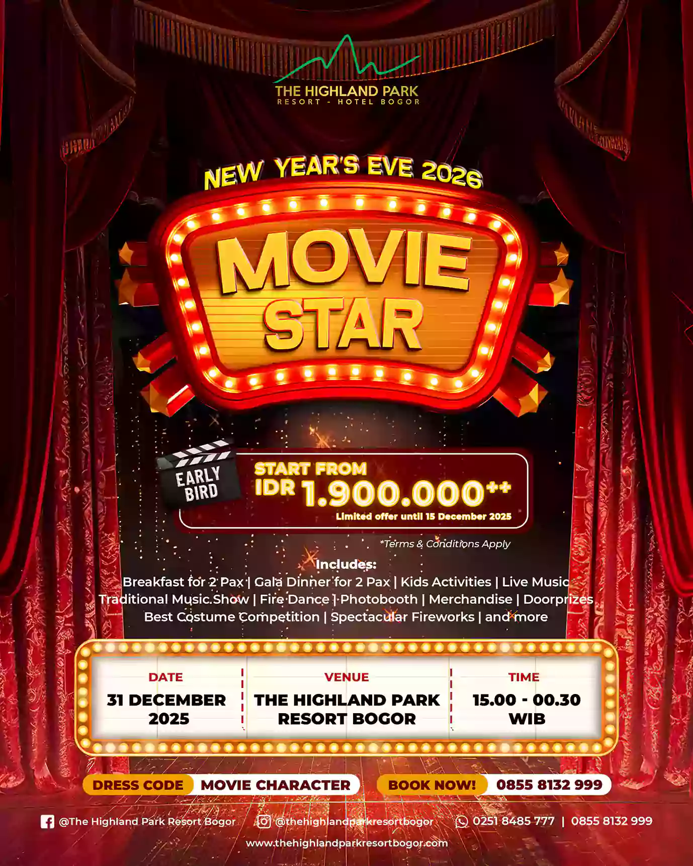 Tahun Baru Poster Early Bird Promo Tahun Baru 2026 bertema Movie Star di The Highland Park Resort Bogor, menampilkan paket gala dinner, live music, kids activity, photobooth, dan pesta kembang api.
