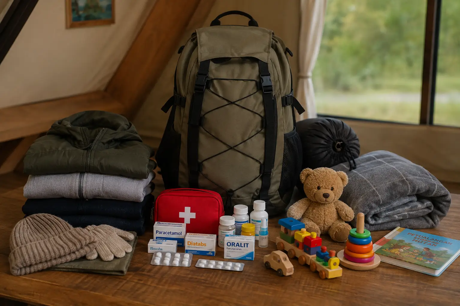 Ilustrasi persiapan glamping keluarga dengan tas ransel, jaket hangat, obat-obatan, dan mainan anak yang tertata rapi