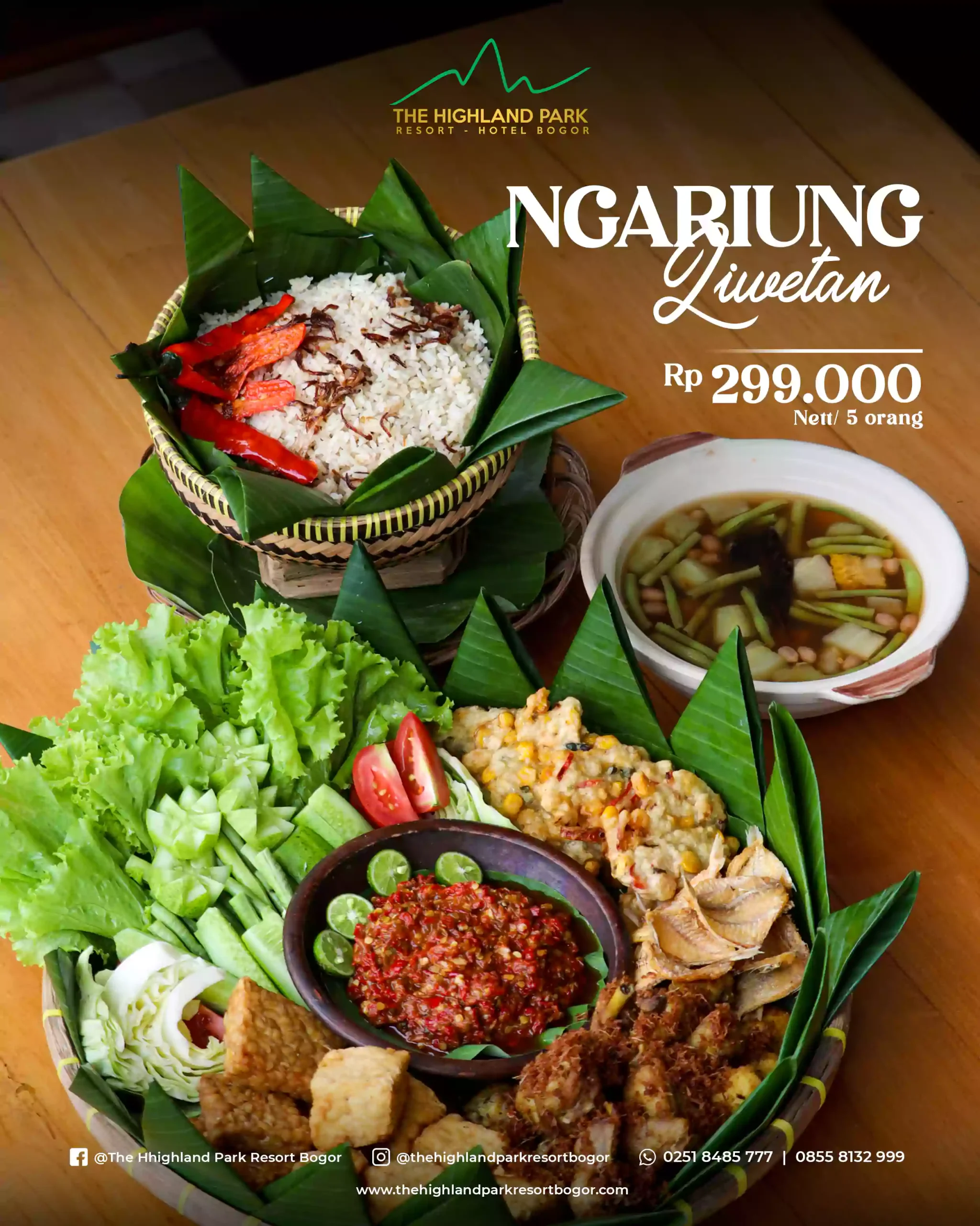 Promo Ngariung Liwetan di The Highland Park Resort Bogor, paket makan Rp299.000 nett untuk 5 orang dengan hidangan khas Sunda lengkap.