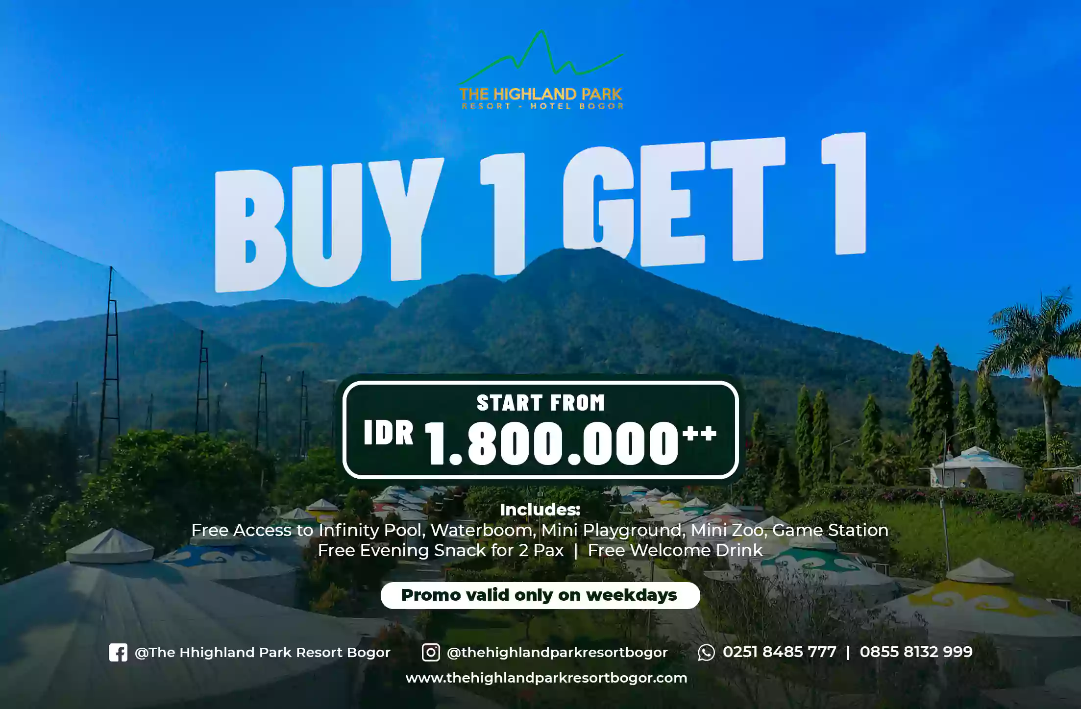 Promo Buy 1 Get 1 The Highland Park Resort Bogor mulai Rp1.800.000++, berlaku weekdays dengan fasilitas lengkap untuk staycation hemat.