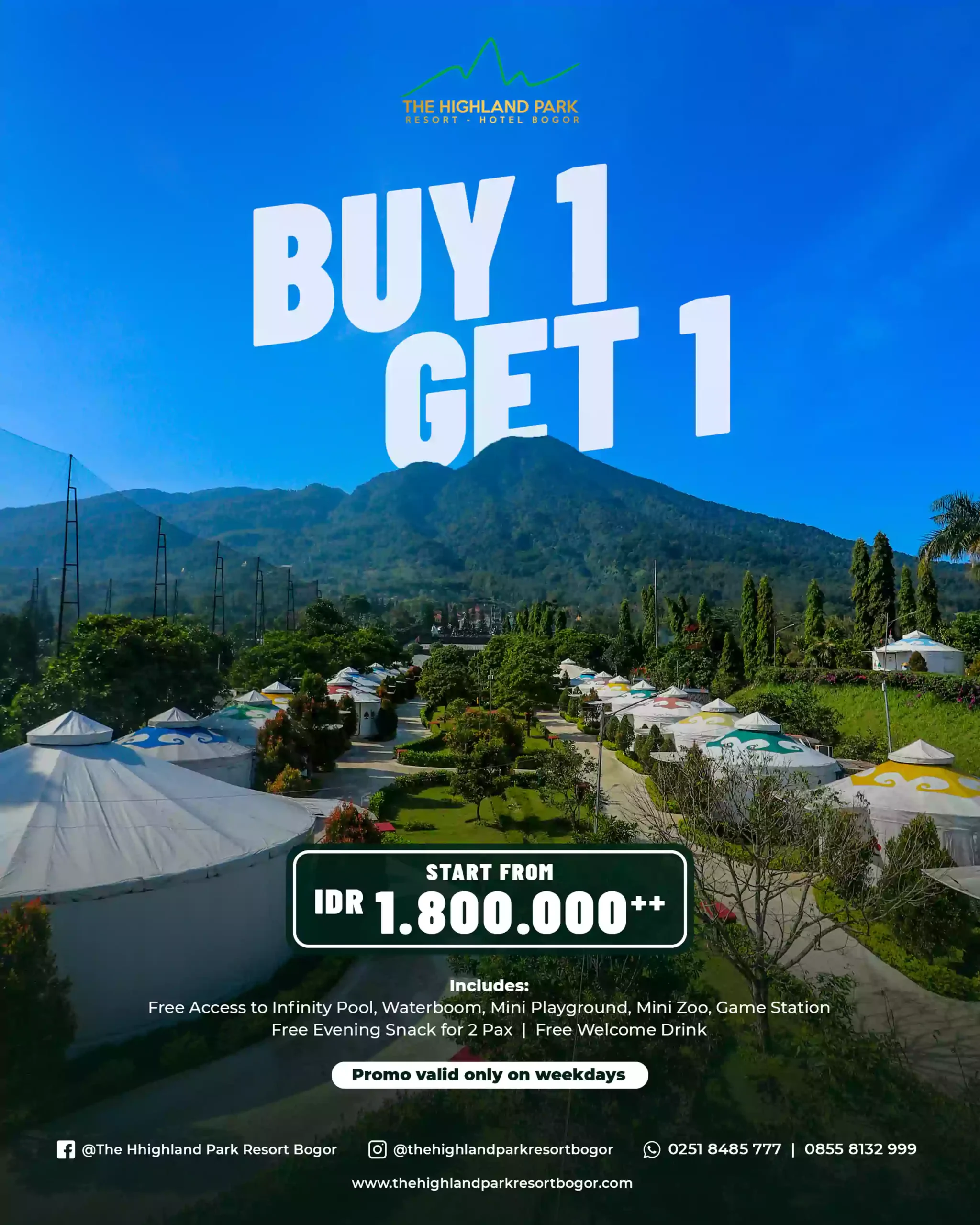 Promo Buy 1 Get 1 The Highland Park Resort Bogor mulai Rp1.800.000++, berlaku weekdays dengan fasilitas lengkap untuk staycation hemat.