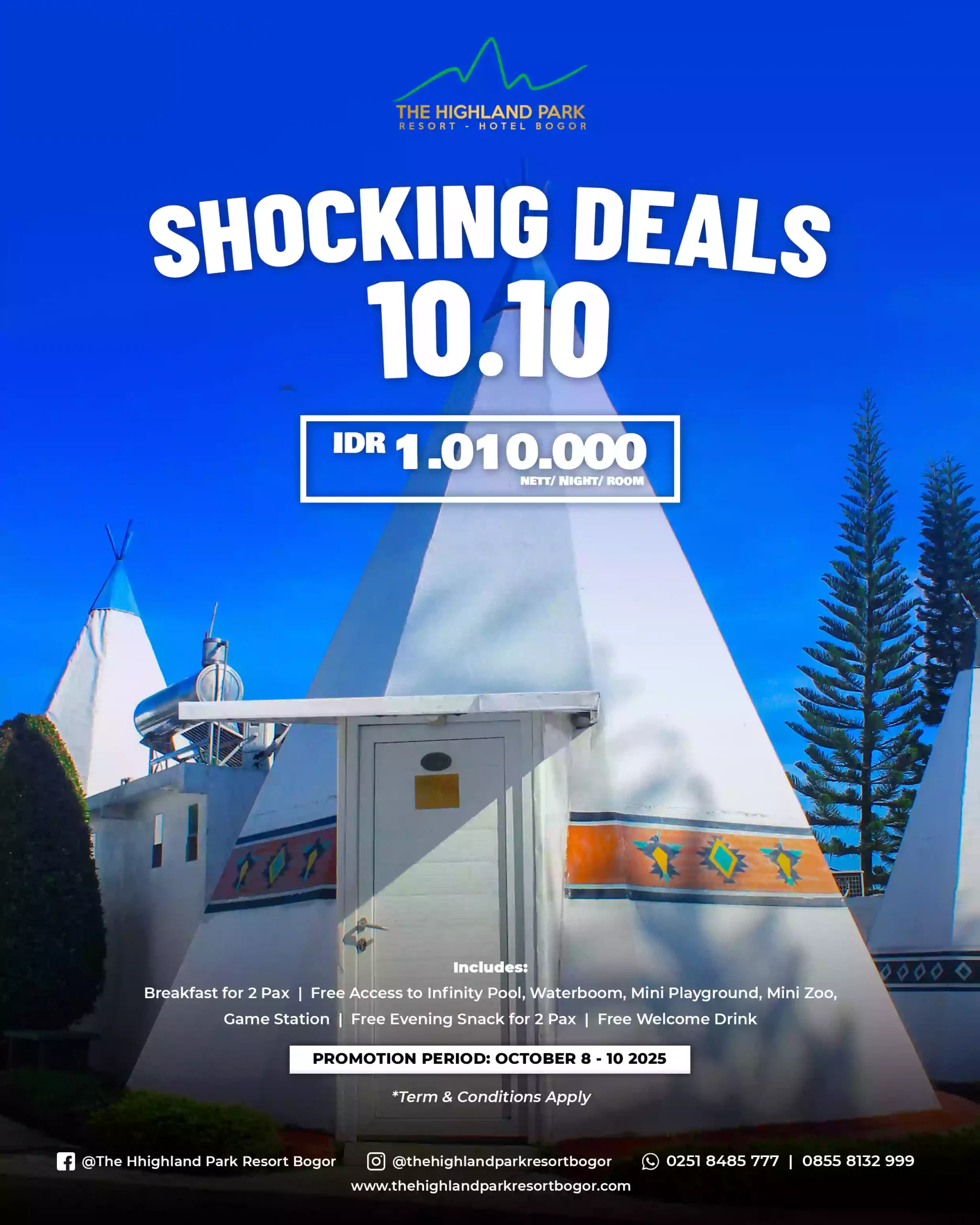 Poster promo Shocking Deals 10.10 dari The Highland Park Resort Bogor, menawarkan harga spesial IDR 1.010.000 nett per malam per kamar. Promo berlaku 8–10 Oktober 2025, termasuk sarapan untuk 2 orang, akses ke infinity pool, waterboom, mini playground, mini zoo, game station, snack sore, dan welcome drink.